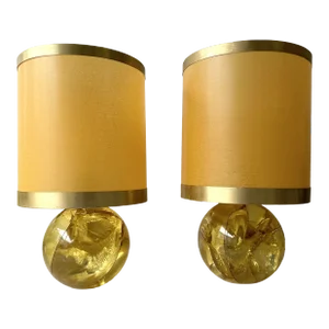 Pair of Lamps Yellow Fractal Resin by François Godebski , France, 1970s