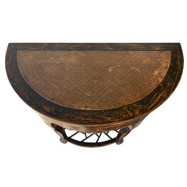 Chinese Early 20th Century Chinese Carved Wood Demi-Lune Console Table With Lattice Shelf For Sale - Image 3 of 7