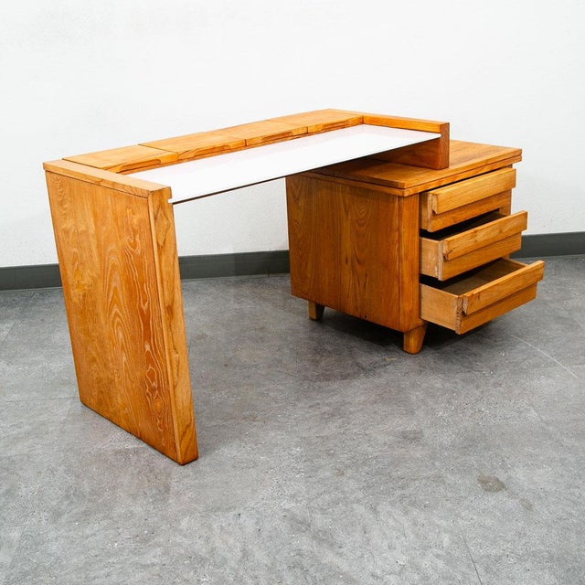 Mid Century Modern Vanity Desk Solid Ash Milk Glass Teak 3 Drawers Vintage MCM For Sale - Image 12 of 12
