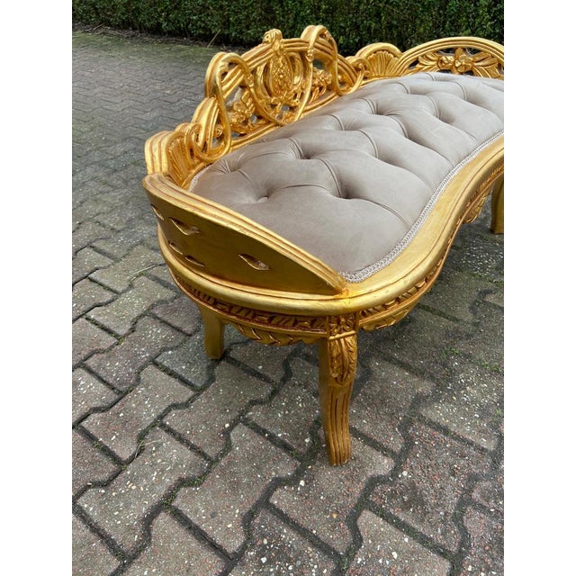 Exquisite Late 20th Century French Louis XVI Style Settee – Gold Beech Wood Frame with Tan Velvet Upholstery Indulge in...