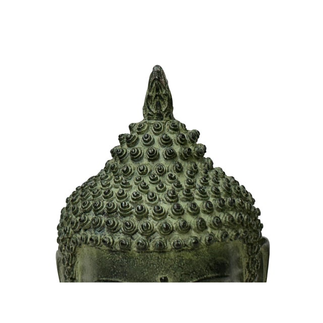 Charcoal 6" Vintage Green Bronze Patina Metal Finish Rustic Buddha Head Display Figure For Sale - Image 8 of 8