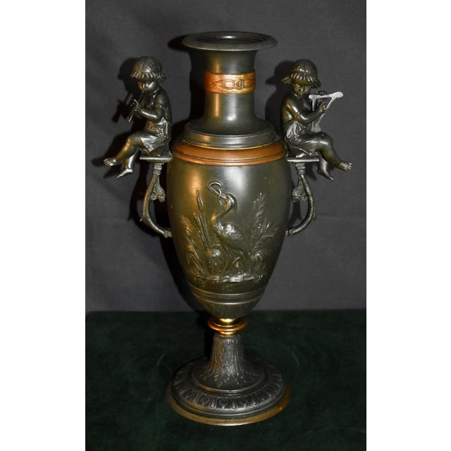 Vintage Mixed Metal Vase French Style Urn With Figural Cherubs and Cranes For Sale - Image 17 of 17
