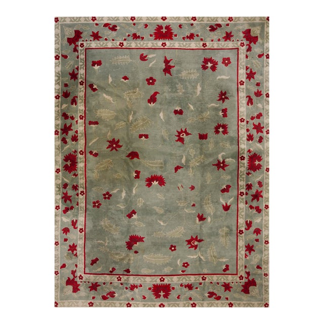 Awesome Green Ground Color With Striking Red Flowers in a Floral Design Antique Chinese Art Deco Rug For Sale