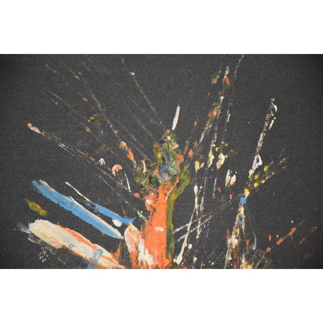 A mid century modern abstract oil on canvas painting signed by artist Rita Frost. 11” wide. 2” deep. 15” tall.