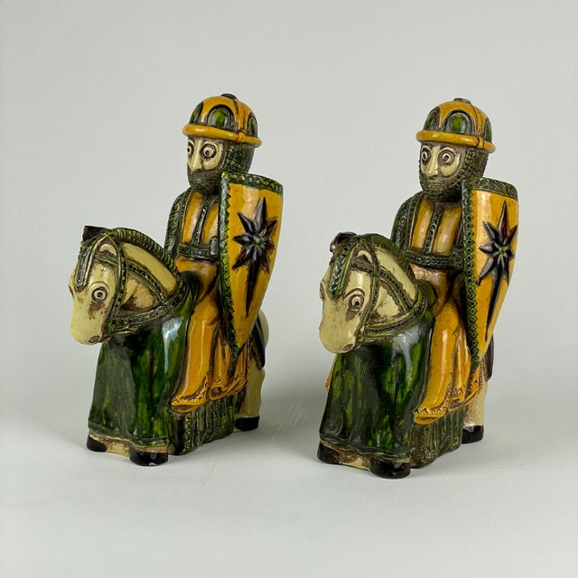 Attention! These are splendid. A gorgeous pair of Italian ceramic Medieval Knights figurines. Signed on bottom. Circa:...