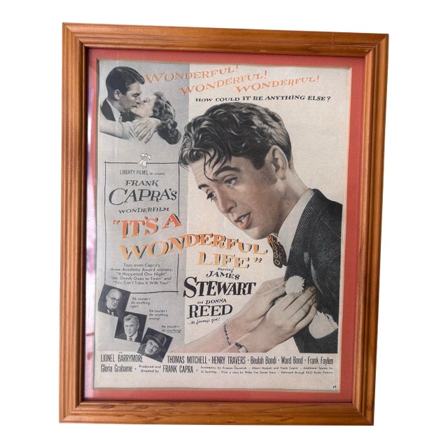 Vintage Framed “It’s a Wonderful Life” Movie Poster Print Featuring James Stewart & Donna Reed For Sale