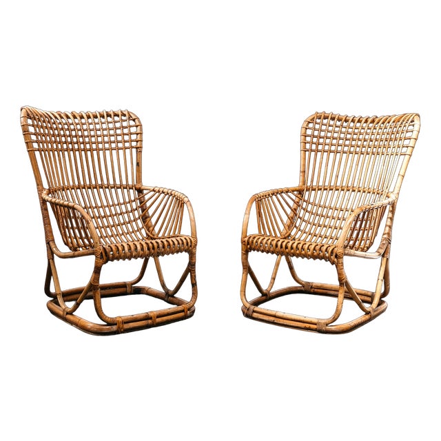 B4 Bonacina Armchairs in Rattan by Tito Agnoli for Vittorio Bonacina, 1950s, Set of 2 For Sale