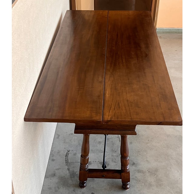 20th Century Spanish Console Fold Out Table With Iron Stretcher and Two Drawers For Sale - Image 6 of 11