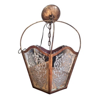 Napoleon III Hanging Lantern in Gilded Wrought Iron and Engraved Glass, 1800s For Sale