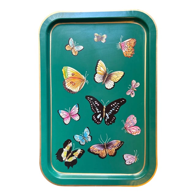 Rectangular Tray in Enameled Metal and Hand-Decorated Butterflies by Les Ottomans For Sale
