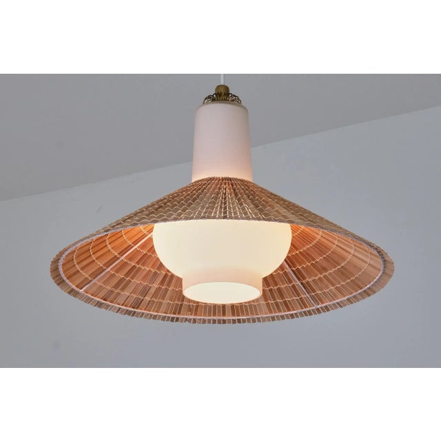 Wood Pendant in Opal Glass, Lamellar Aspen Wood and Brass by Paavo Tynell for Idman, 1950s For Sale - Image 7 of 11