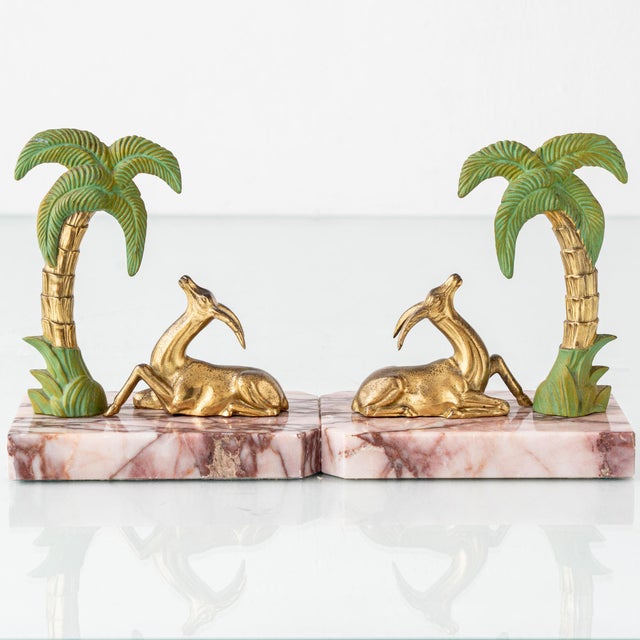 Gold Art Deco Marble Gazelle & Palm Bookends, Set of 2 For Sale - Image 8 of 10