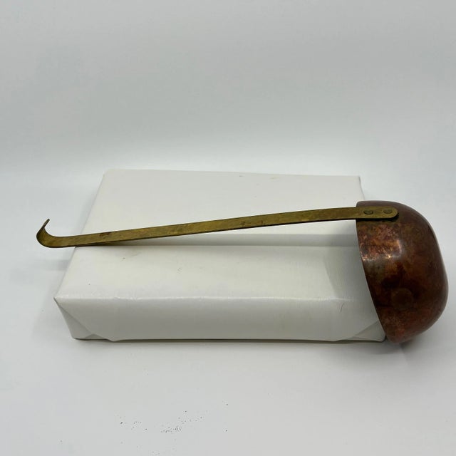 Vintage Hand Forged Copper and Tin Ladle With Brass Finish Metal Handle For Sale In Los Angeles - Image 6 of 8