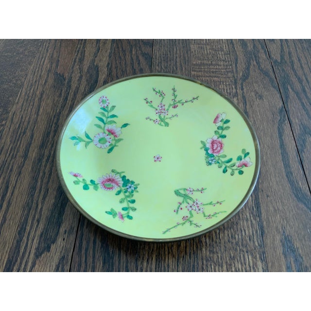 Really lovely hand pained Japanese porcelain catchall in vibrant colors - yellow, green and pink. Use for display,...