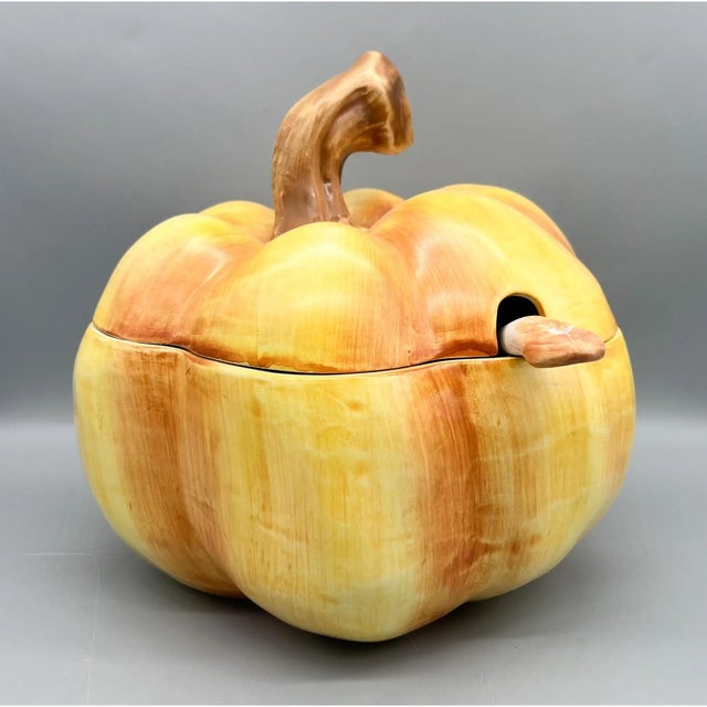 Farmhouse Vintage Italian Hand-Painted Pumpkin Tureen With Ladle – Majolica / Country French / Farmhouse Cottage For Sale - Image 3 of 14