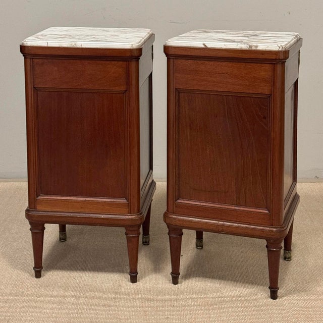 Pair of Antique French Louis XVI Marquetry Marble Top Nightstands ~ End Tables For Sale - Image 18 of 18