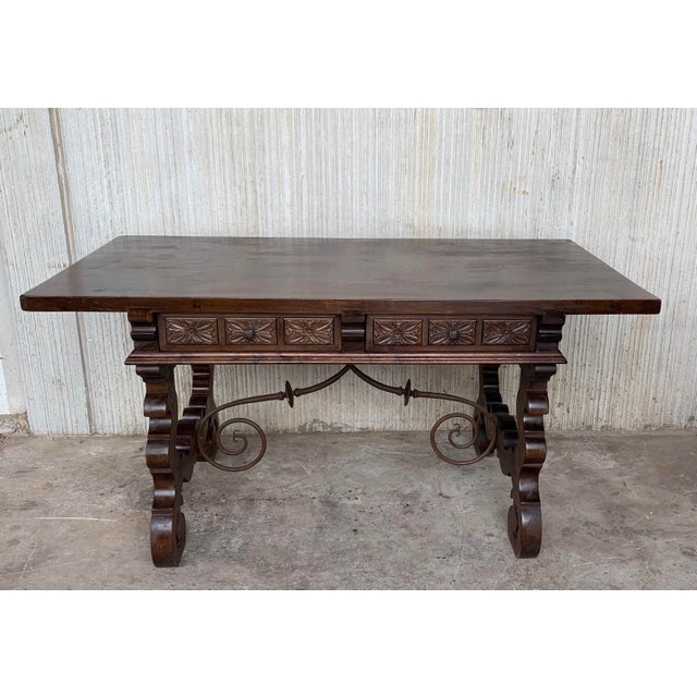 Baroque 19th Century Walnut and Wrought Iron Desk With Two Drawers and Lyre Legs For Sale - Image 3 of 13