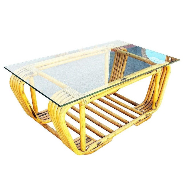 1950s Restored Mid-Century Floating Glass Top Rattan Coffee & Side Table, Pair For Sale - Image 5 of 10