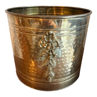 Vintage Hammered Brass Cache Pot Planter With French Style Ribbon & Leaf Motif For Sale