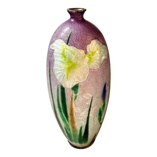 Miniature Antique Japanese Meiji Era Cloisonné Enamel Ginbari Vase in Silver With Irises, Signed For Sale