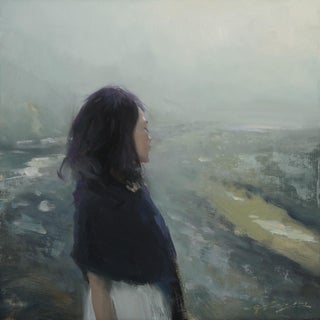 A Mysterious Spot by Hsin-Yao Tseng | Oil Painting of a woman standing in a foggy landscape For Sale
