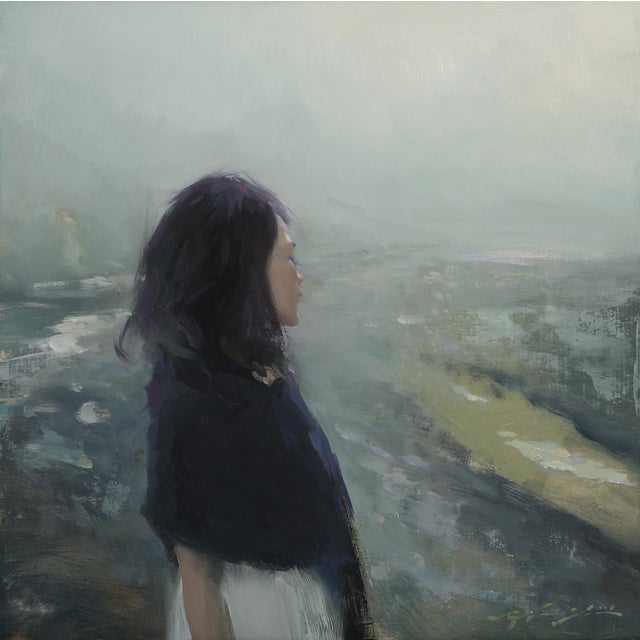 A Mysterious Spot by Hsin-Yao Tseng | Oil Painting of a woman standing in a foggy landscape For Sale