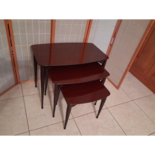 Vintage Mid Century Modern Nesting Tables Set of Three Mahogany With Mahogany Laminate Tops. For Sale - Image 16 of 17