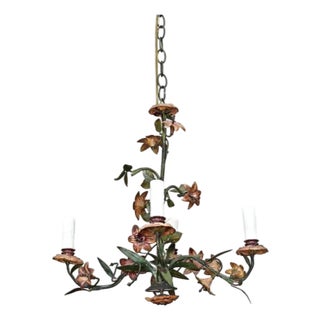 French Vintage Tôle Painted Floral Chandelier For Sale