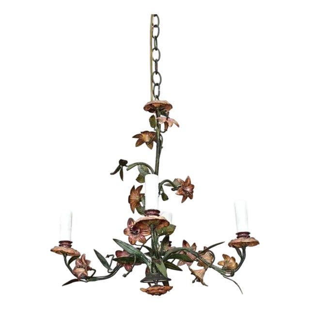 French Vintage Tôle Painted Floral Chandelier For Sale