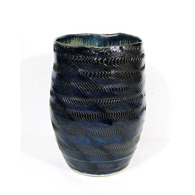 Organic Modern Blue Textured Studio Pottery Vase For Sale - Image 4 of 9