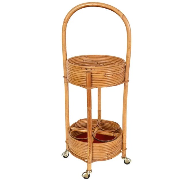 Italian Red Velvet, Bamboo & Rattan Bar Trolley, 1960s For Sale - Image 17 of 17