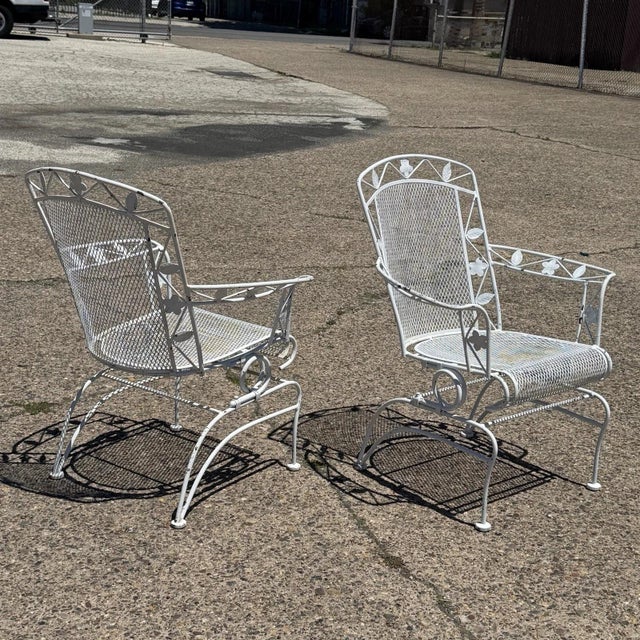 Vintage Woodard Era Floral Wrought Iron Springer Garden Patio Arm Chair - A Pair For Sale - Image 15 of 17