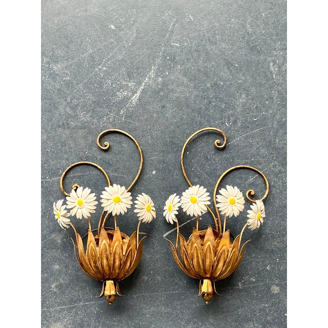 This charming pair of vintage wall sconces is a quintessential example of Italian toleware, bringing a touch of botanical...