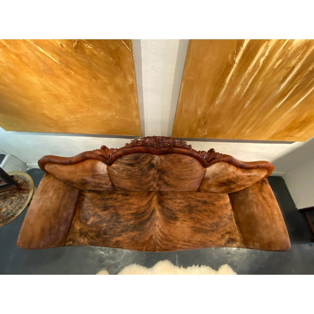 French Settee- Vintage French Country- 1800s-Reupholstered Brindle Cowhide For Sale - Image 9 of 10