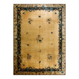 A Beige Background Color and Details Floral With Dragons Border Antique Chinese Peking Rug