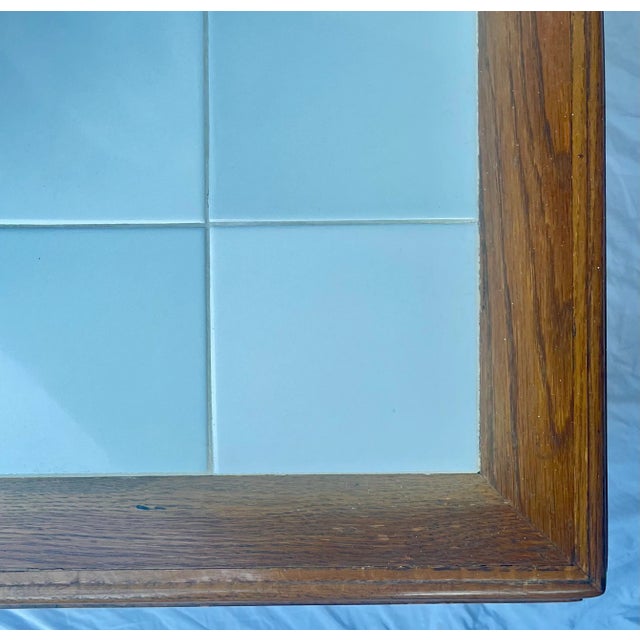 1970s California Coastal Chic White Ceramic Tile and Walnut Square Table For Sale In Palm Springs - Image 6 of 11