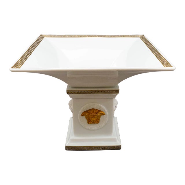 Mid 20th Century Rosenthal Meets Versace Gorgona Medusa Gold Greek Key Porcelain Footed Candy Dish Bowl For Sale