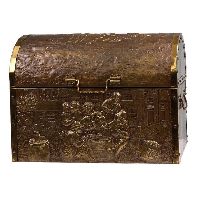 Large Chest with Sculpted Copper Relief, Belgium, 1930s For Sale