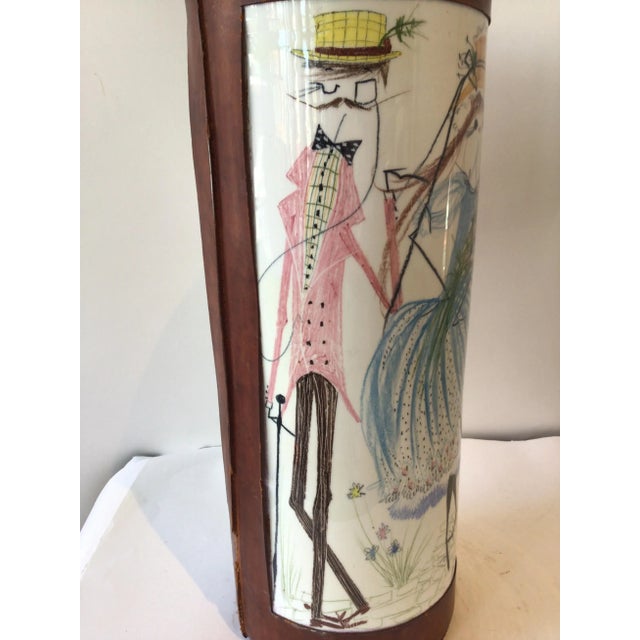 1960s Quadrifoglio Italian Leather & Ceramic Hand Painted Vase or Umbrella Stand For Sale - Image 9 of 11