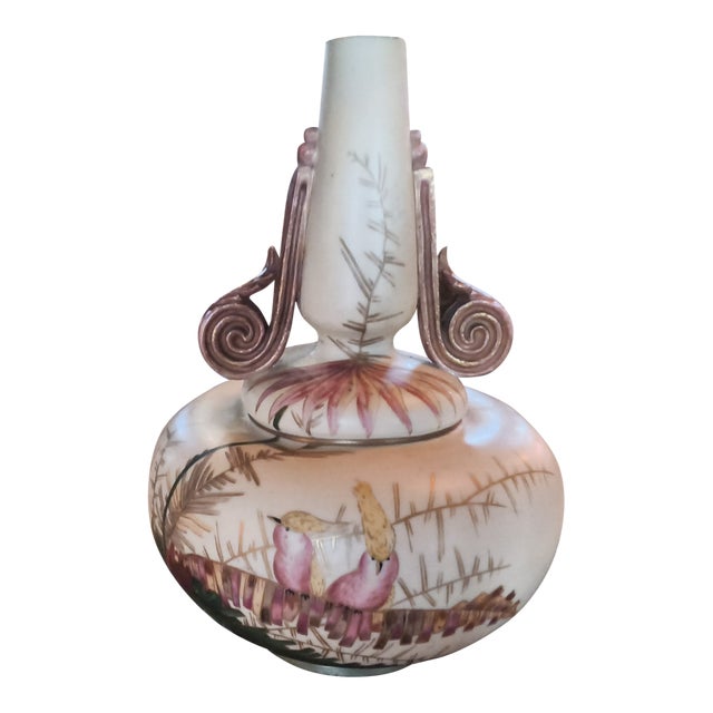 Antique German Porcelain Footed Vase With the Mark of Rudolstadt and Straus, Handpainted Cockatoos For Sale