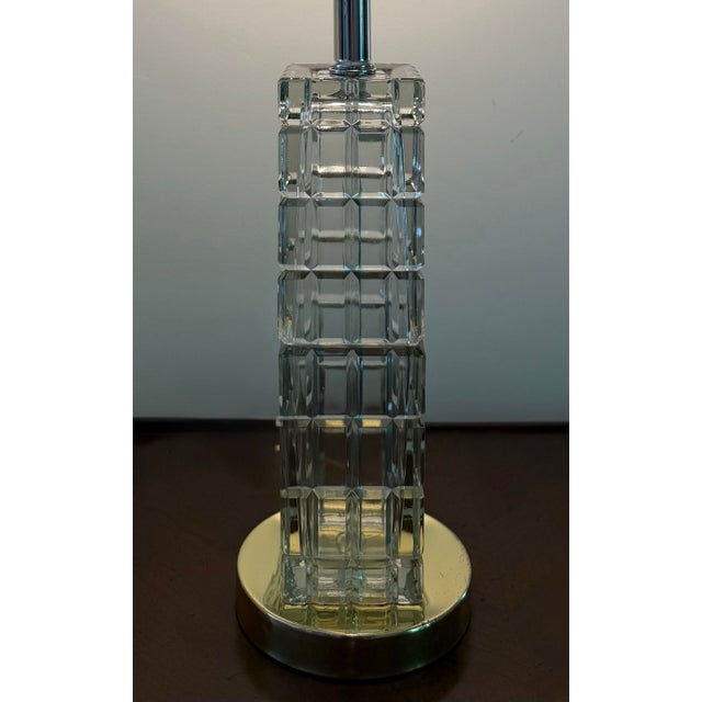 Transparent Vintage Portuguese Crystal Column Table Lamp - Faceted Stacked Block For Sale - Image 8 of 11