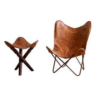 Set of Hand-Crafted Leather Butterfly Chair and Ottoman with Traditional Elephant Embossing For Sale