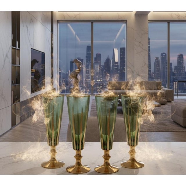 Mid-Century Murano Gláss Emerald Green and Gold Champagne Flutes. 1960s, Set of 6 For Sale - Image 4 of 6