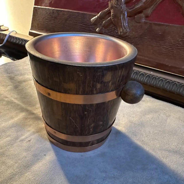 1950s Mid-Century Modern Oak and Copper French Ice Bucket For Sale - Image 6 of 9