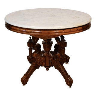 1880s Antique Victorian Renaissance Revival Walnut & Marble Top Center Table For Sale