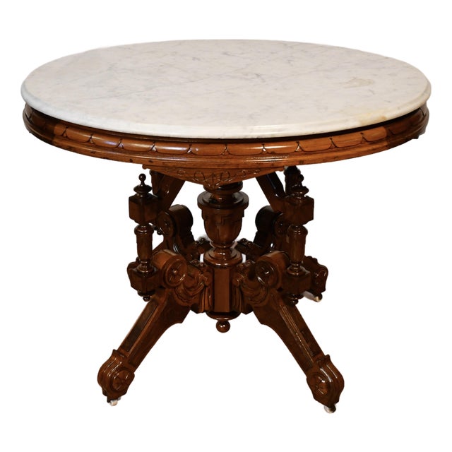 1880s Antique Victorian Renaissance Revival Walnut & Marble Top Center Table For Sale