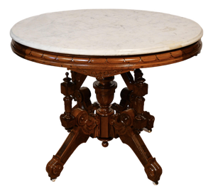 1880s Antique Victorian Renaissance Revival Walnut & Marble Top Center Table