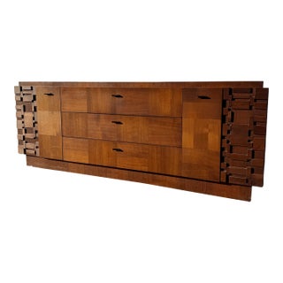 Attributed to Paul Evans Style Brutalist Dresser by Lane | Mid Century Modern Walnut 9 Drawer Lowboy | Vintage 1970s Pueblo Mosaic Credenza For Sale