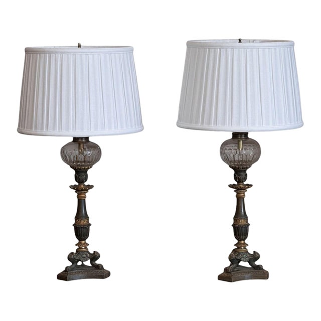 Early 19th Century French Empire Lamps With Cut Glass Fonts - Pair For Sale
