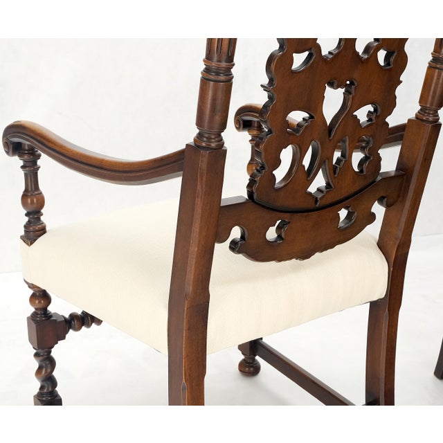 White Pair of Carved Walnut Tall Backs New Upholstery Fireside Arm Side Chairs MINT! For Sale - Image 8 of 13